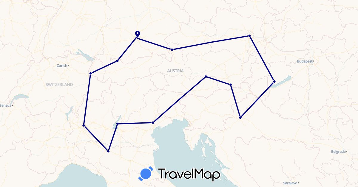 TravelMap itinerary: driving in Austria, Germany, Croatia, Hungary, Italy, Liechtenstein (Europe)
